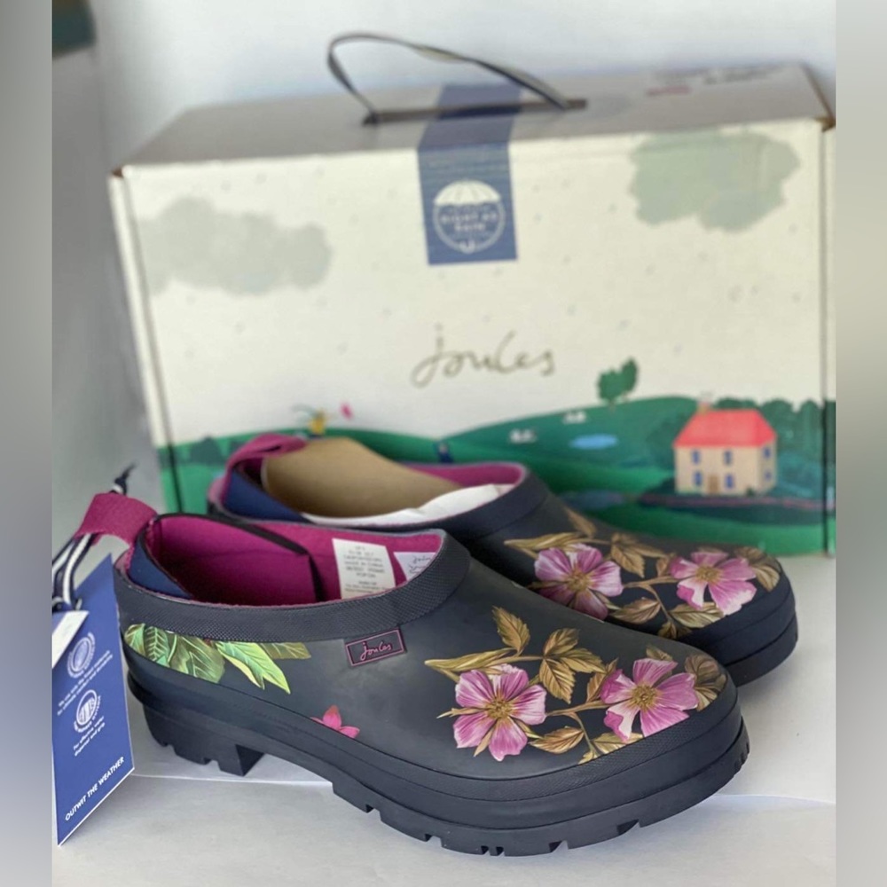 BRAND NEW Joules Women’s Pop On Welly Floral Navy Printed Rubber Clogs Size 7